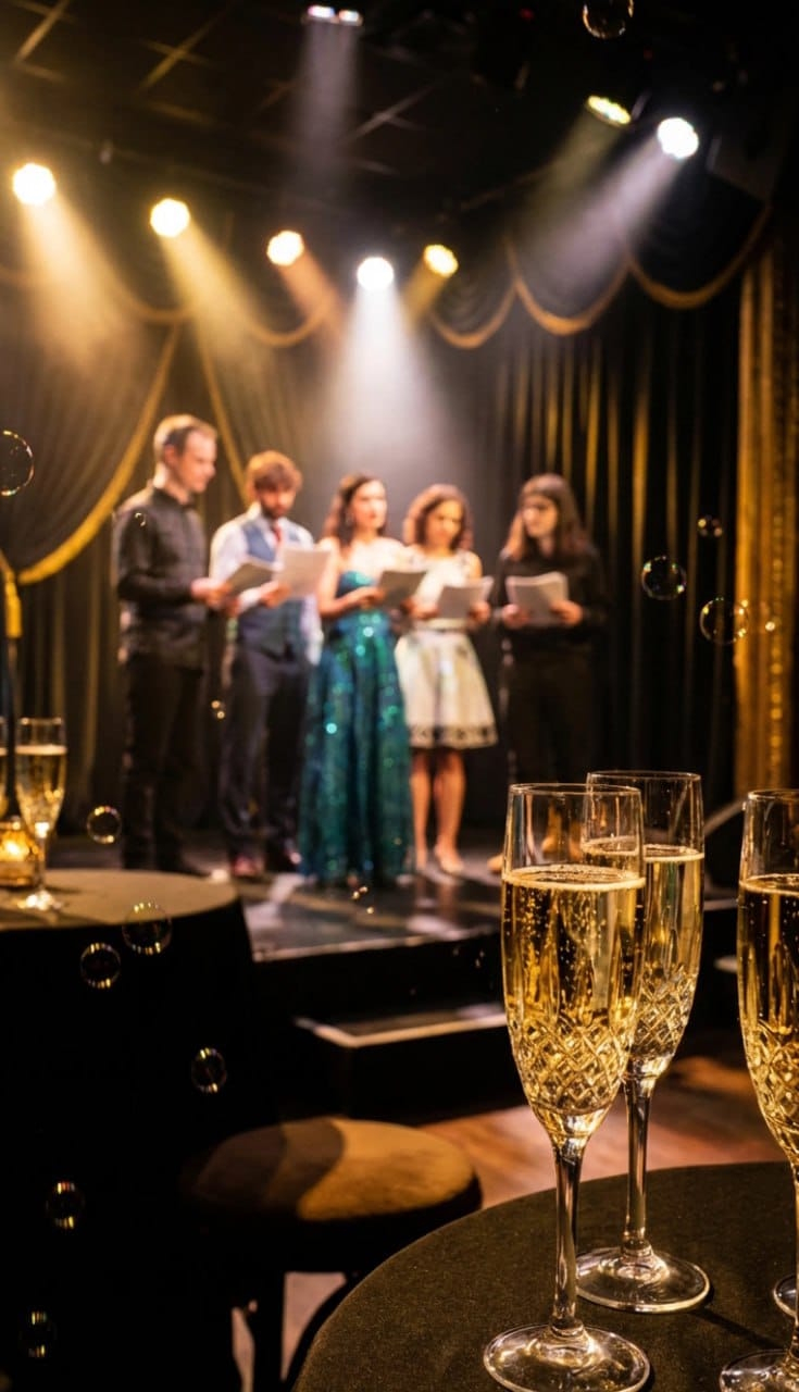 Guests raising brunch glasses at a lively Opera & Bubbles brunch